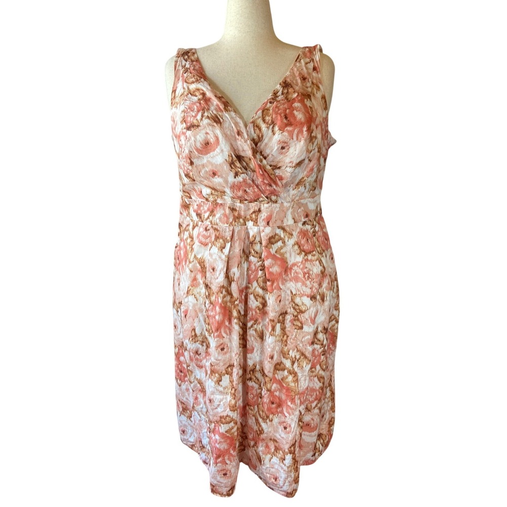 Lands’ End Peach Floral Sleeveless V-Neck Dress Size 18 Lined